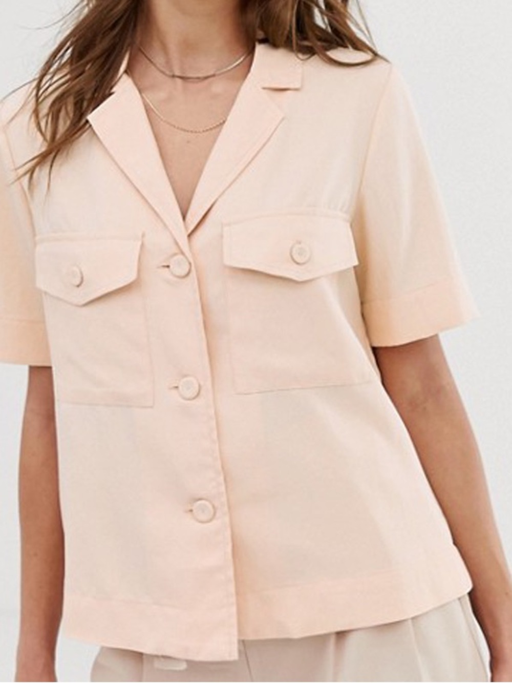 Mango Peach Collared Short Sleeve Button-Up Blouse